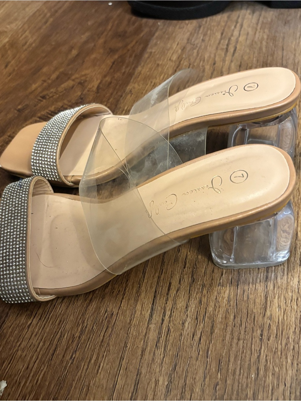 Crystal-Trim Tan Clear Strap Block Heel Sandals
